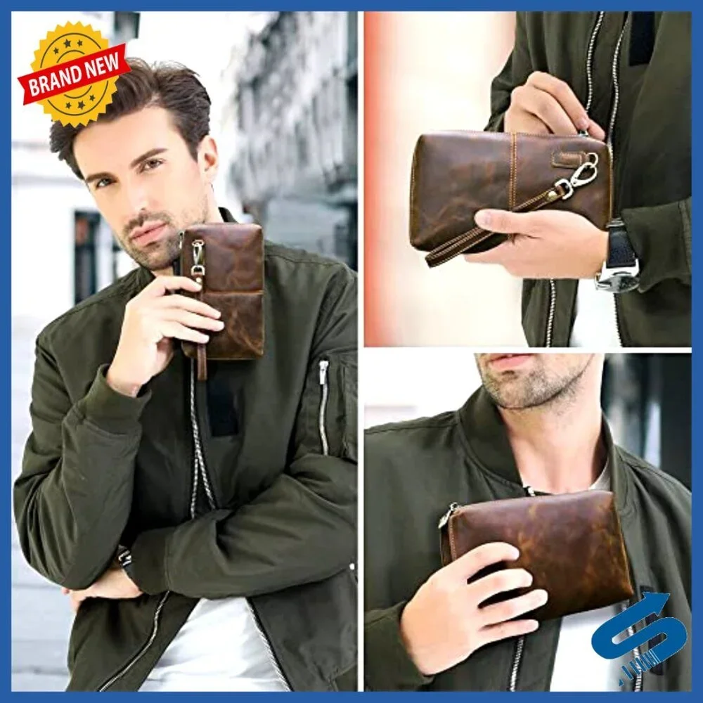 Leather Clutch Wallet for Men, RFID Blocking, Large Capacity Travel Organizer